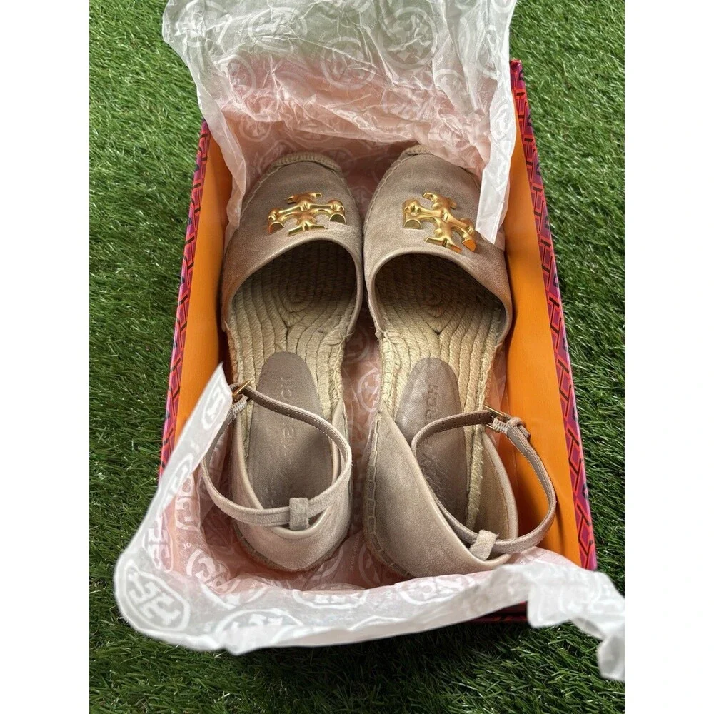 Tory Burch Eleanor Dorsay Logo Plaque Espadrilles Sz 7.5 Ankle Strap